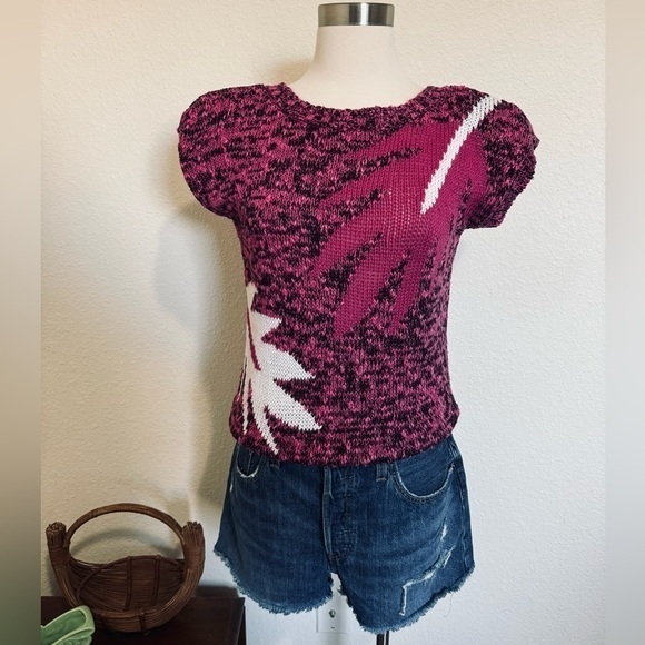 Vintage 80s Palm Leaf Knit Sweater Top Magenta Black Indie Sleaze small - Picture 6 of 6